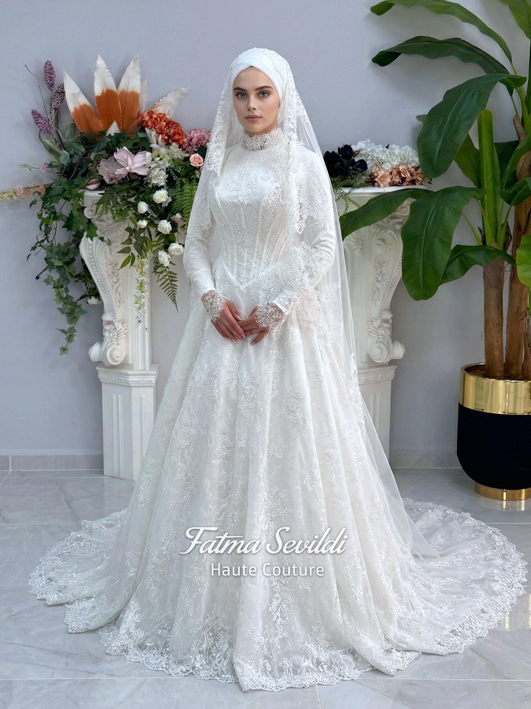 Veiled Modest Hijab Wedding Dress, Long Sleeve Lace A-Line Ball Gown, High Neck