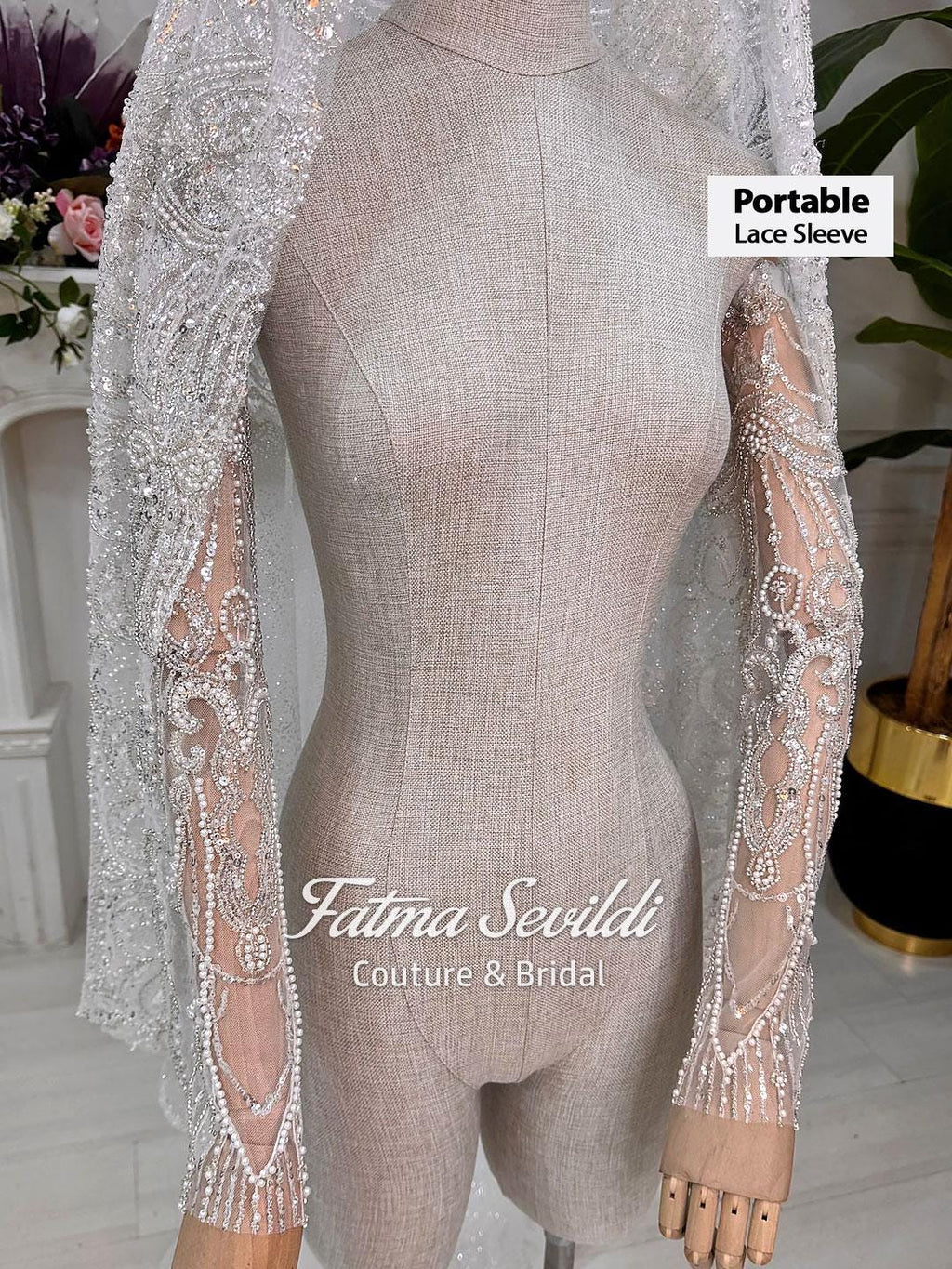Delicate beaded lace wedding sleeves with pearl embellishments