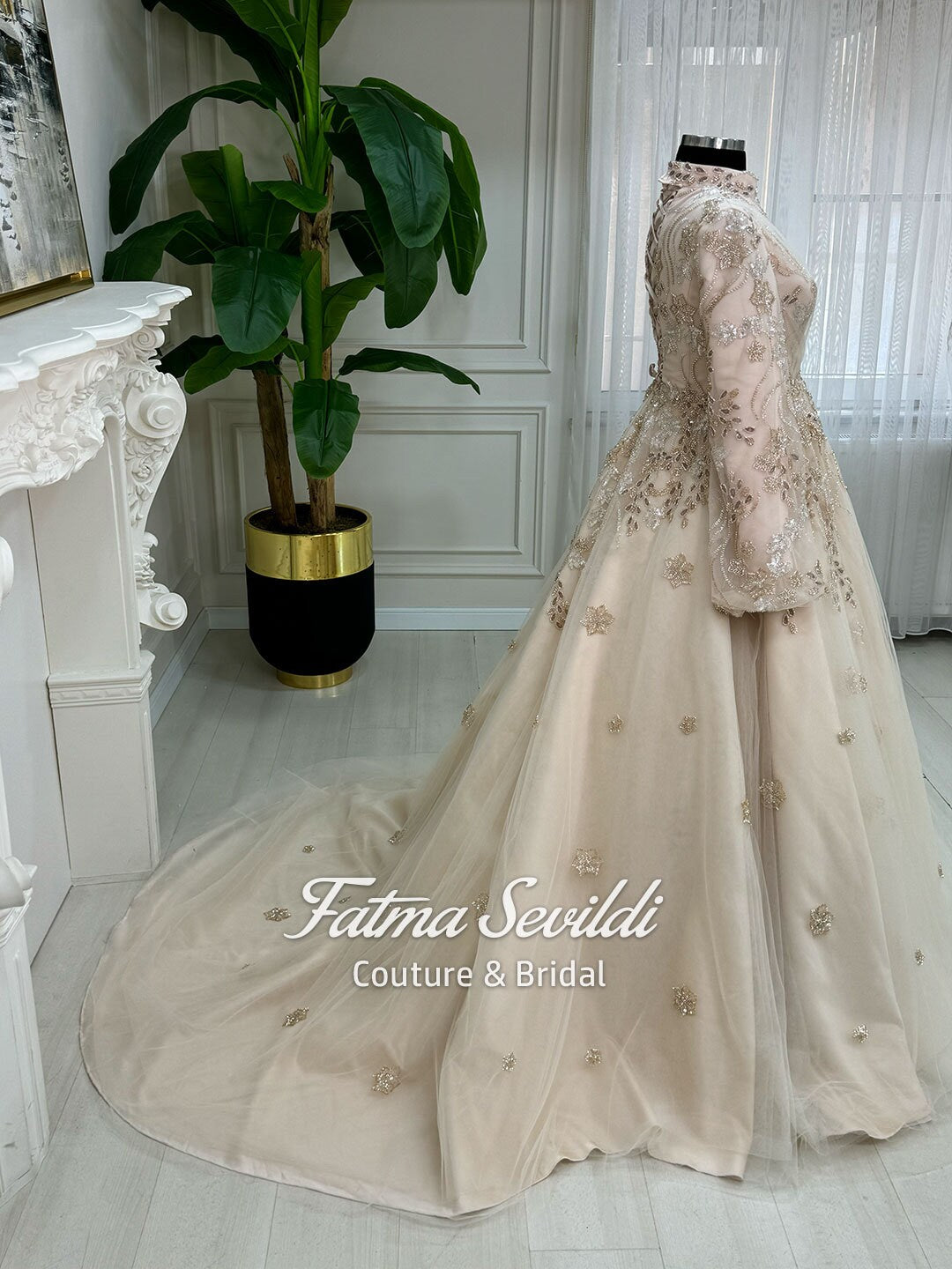 Blush pink beaded lace hijab evening gown with gold embroidery and train