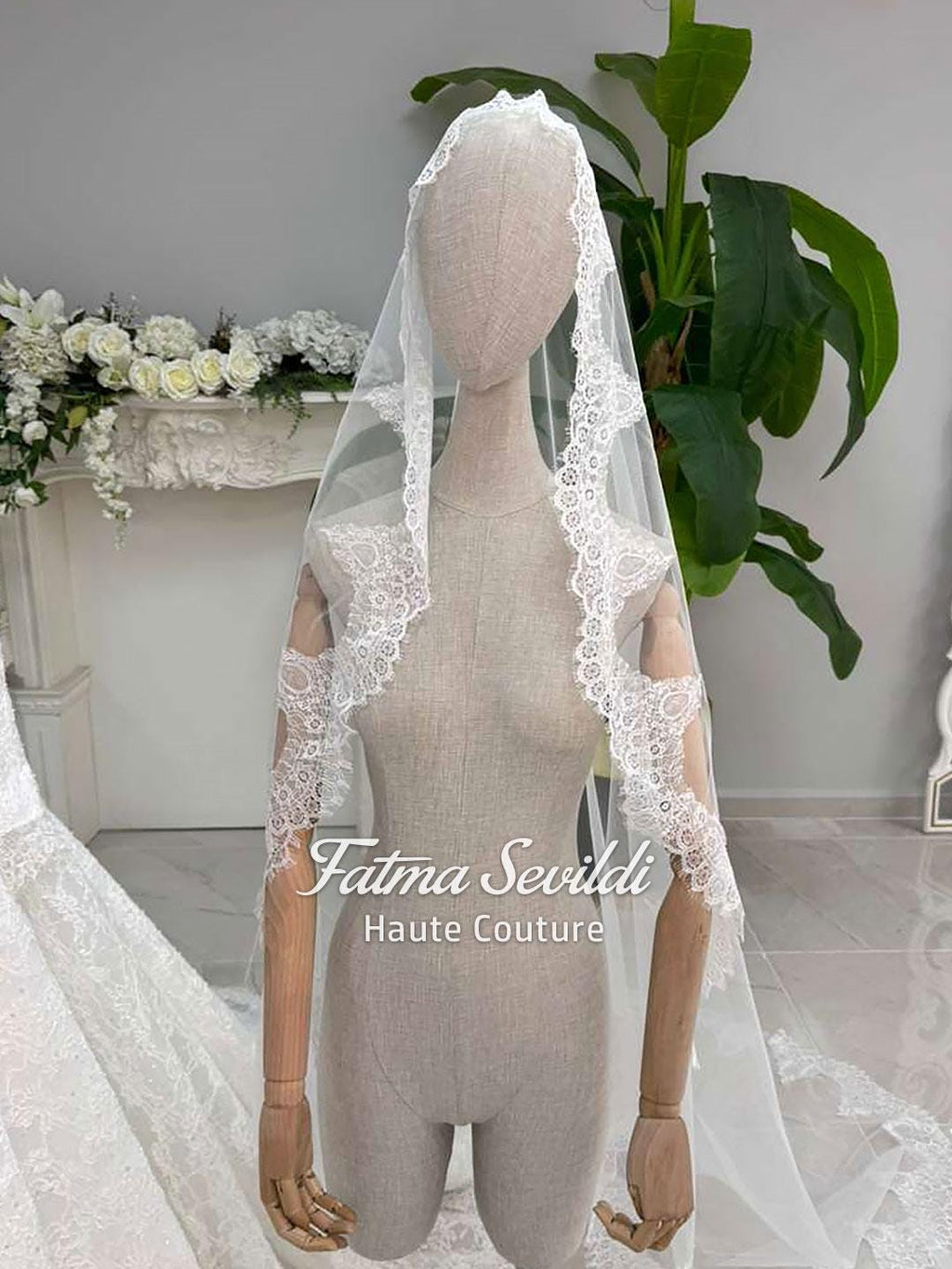 White lace bridal veil with floral embroidery for veiled hijab gown