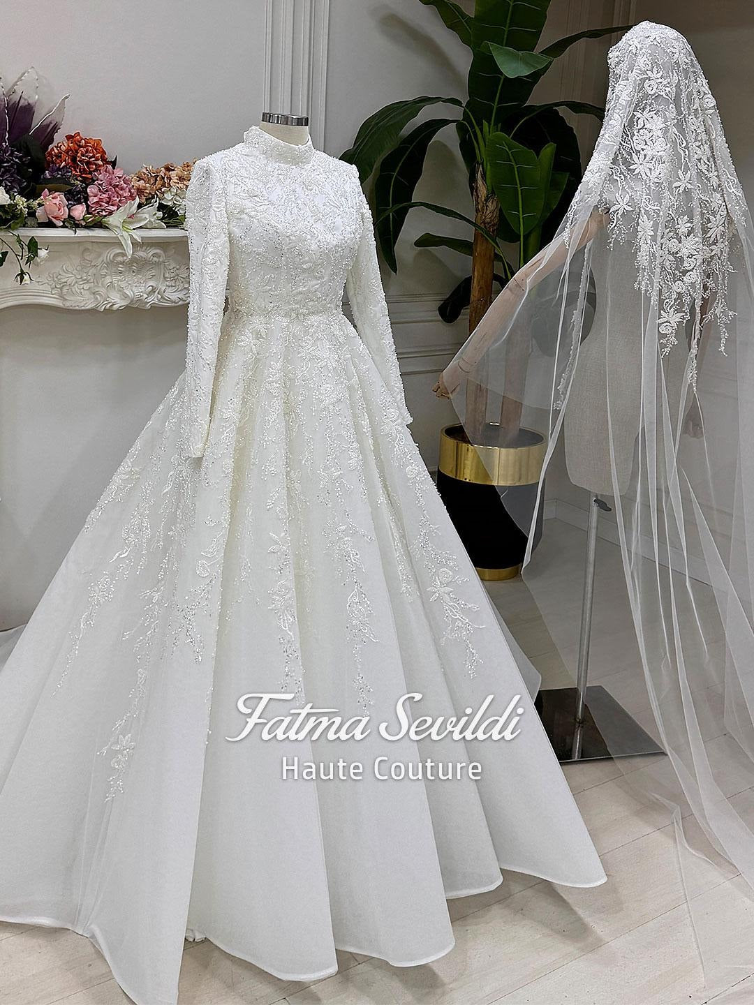 Veiled A-Line Hijab Wedding Dress with Beaded Lace Long Sleeves