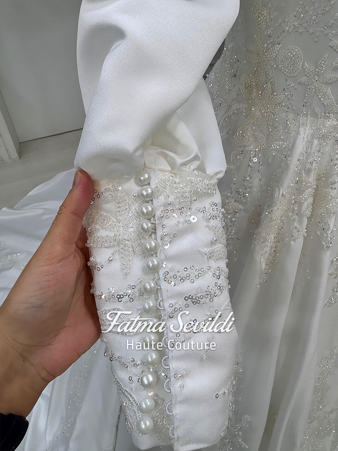 A-Line Muslim Wedding Dress, Beaded Lace Long Sleeve Modest Bridal Gown Ivory / 48 A-Line Muslim Wedding Dress, Beaded Lace Long Sleeve Modest Bridal Gown Ivory / 48
