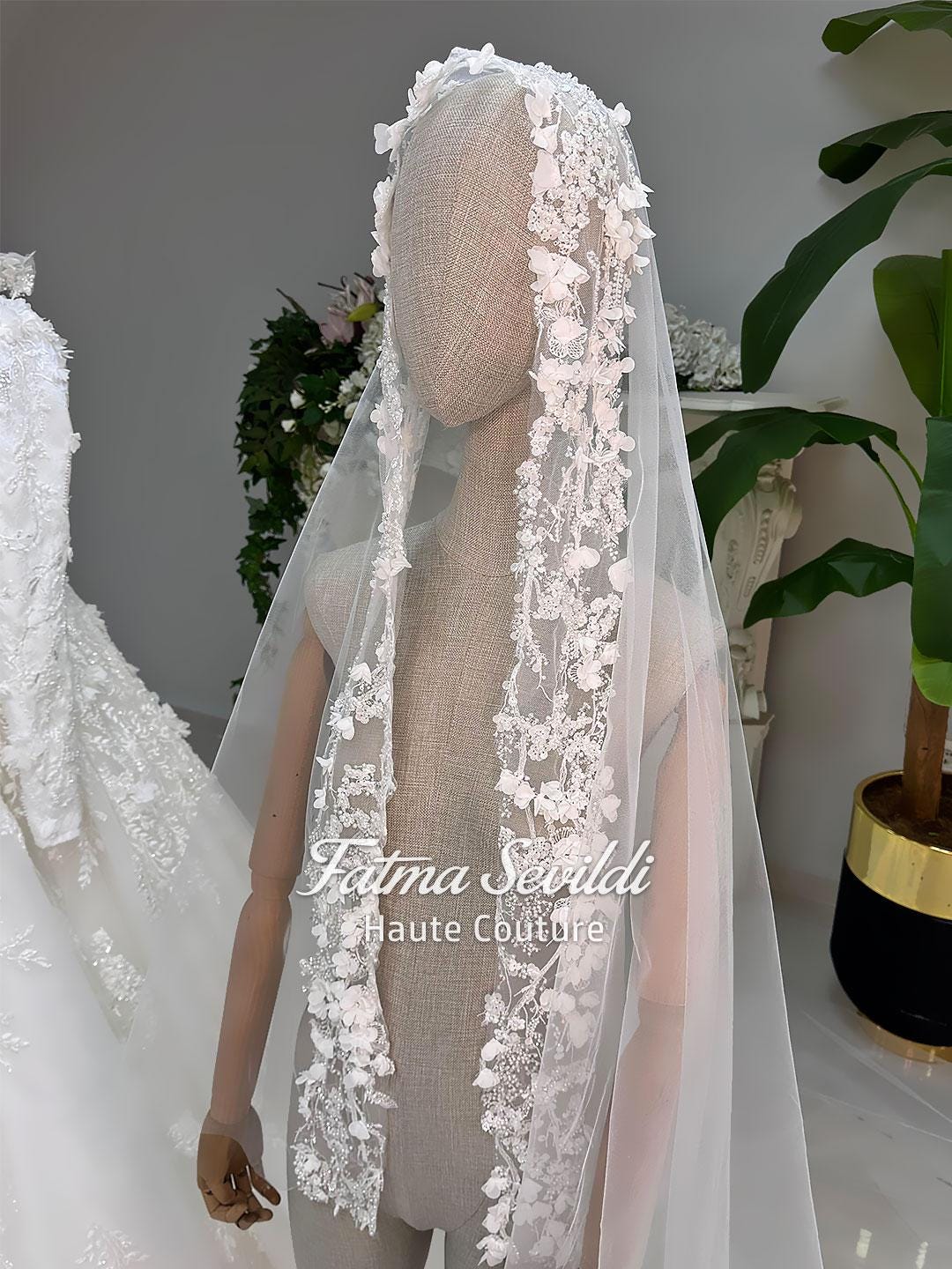 Delicate white lace hijab bridal veil with 3D floral appliques