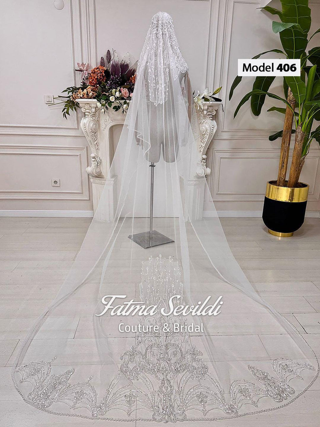 Delicate lace edge cathedral hijab veil with silver beading