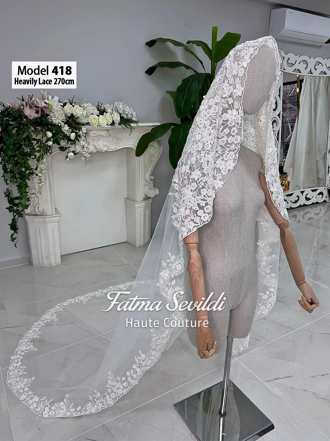 270cm lace edge cathedral hijab veil with floral embroidery