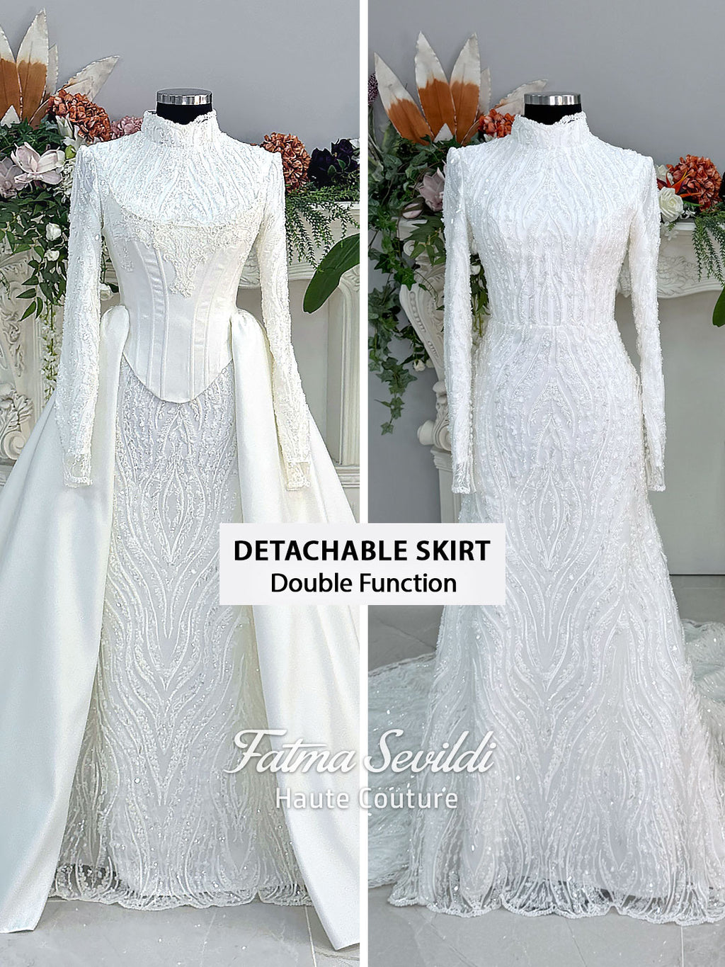 Luxury hijab wedding dress with long sleeves, high neck, beaded lace mermaid silhouette and detachable overskirt, veiled bridal set. Handmade couture modest bridal gown with lace-up corset back and sparkling embroidery.