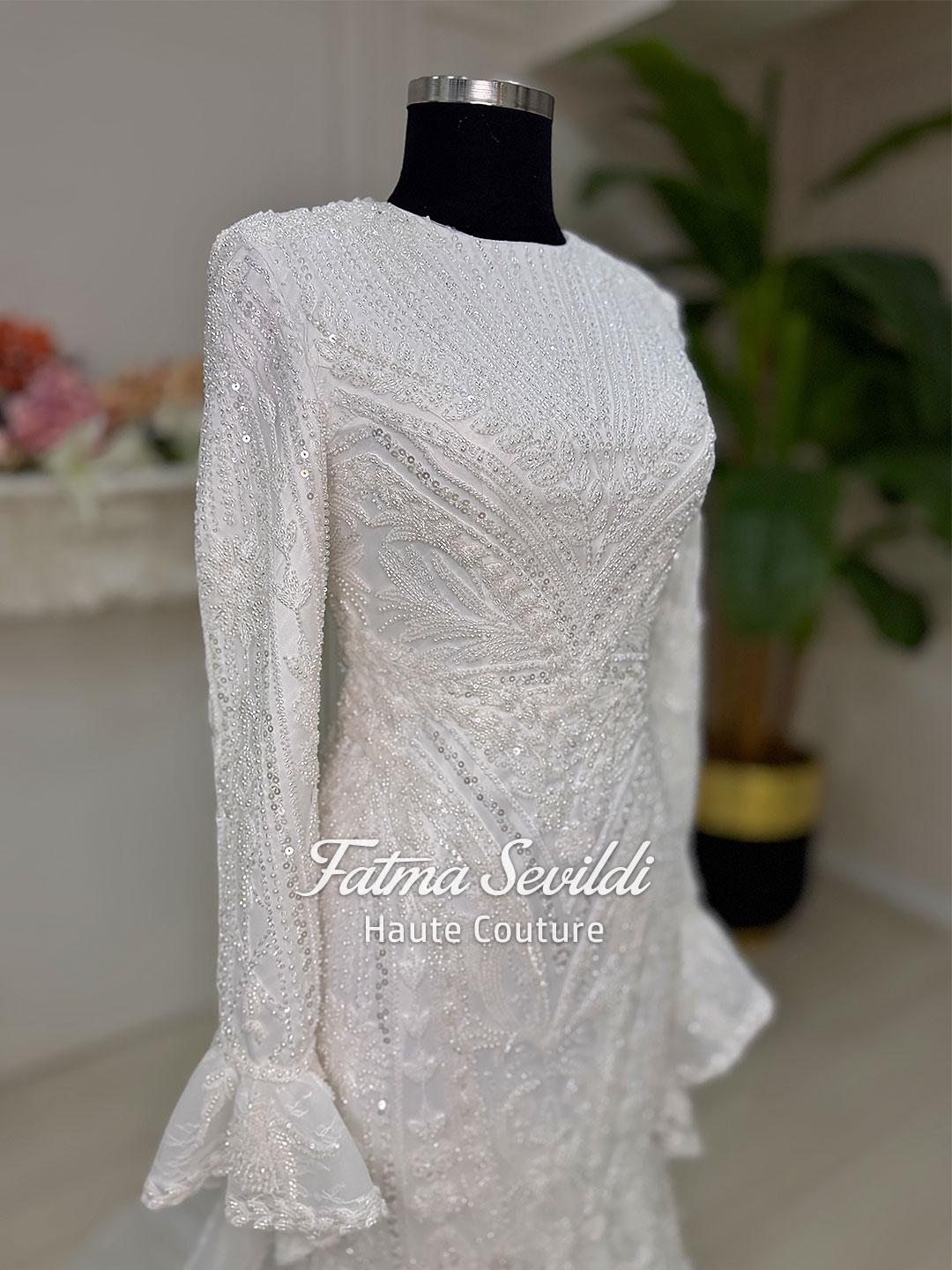 White beaded lace high neck long sleeve hijab bridal gown with veil