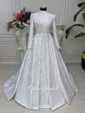Veiled Pearl high-neck beaded lace long-sleeve A-line wedding gown