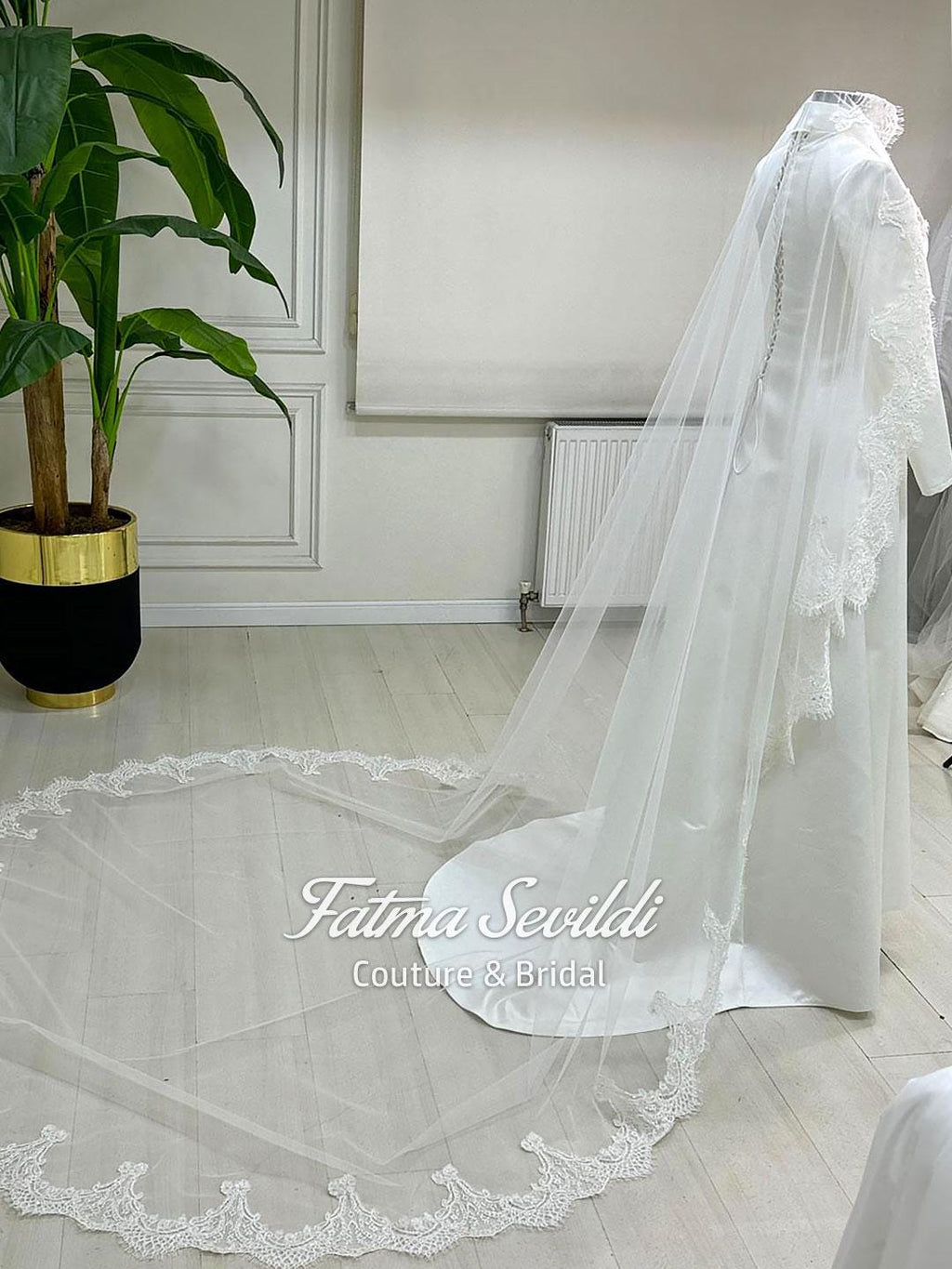 Elegant veiled hijab wedding veil with lace and pearl details