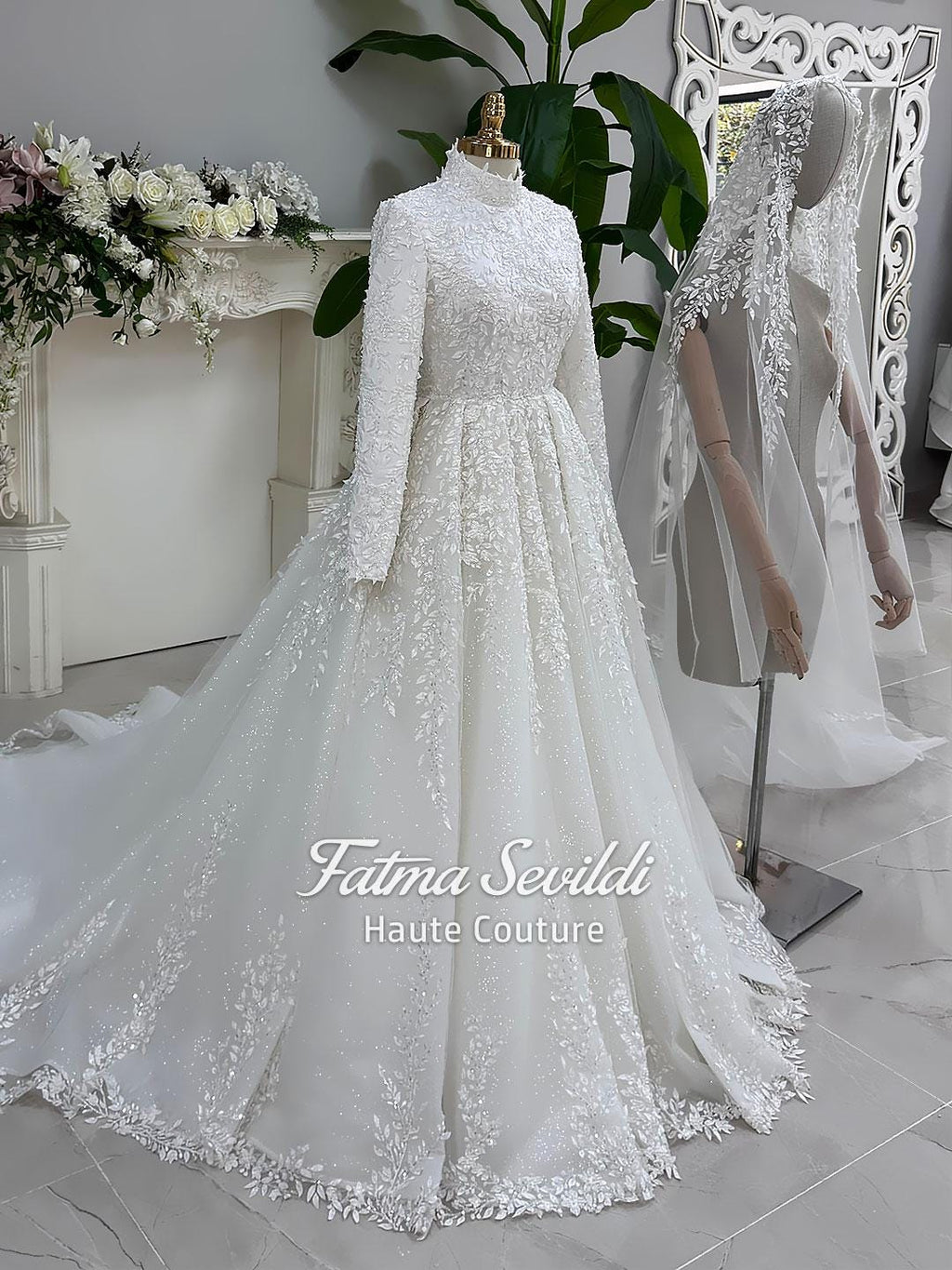 Modest white hijab wedding dress with lace, glitter tulle skirt, high neck sleeves