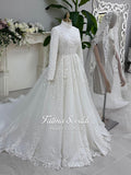 Modest white hijab wedding dress with lace, glitter tulle skirt, high neck sleeves
