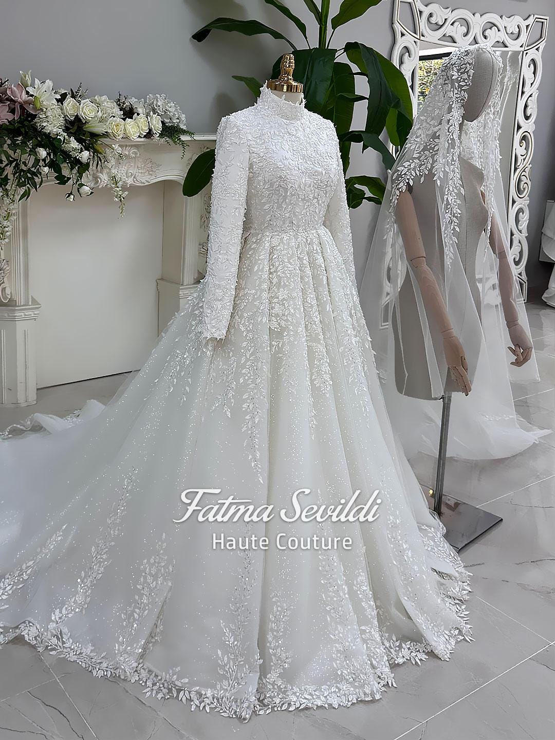 Modest white hijab wedding dress with lace, glitter tulle skirt, high neck sleeves