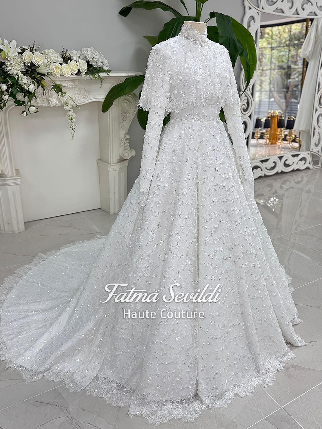 Elegant Veiled Hijab Wedding Dress Beaded Lace Cape High Neck Long Sle Fatma Sevildi Couture Elegant Veiled Hijab Wedding Dress Beaded Lace Cape High Neck Long Sle Fatma Sevildi Couture