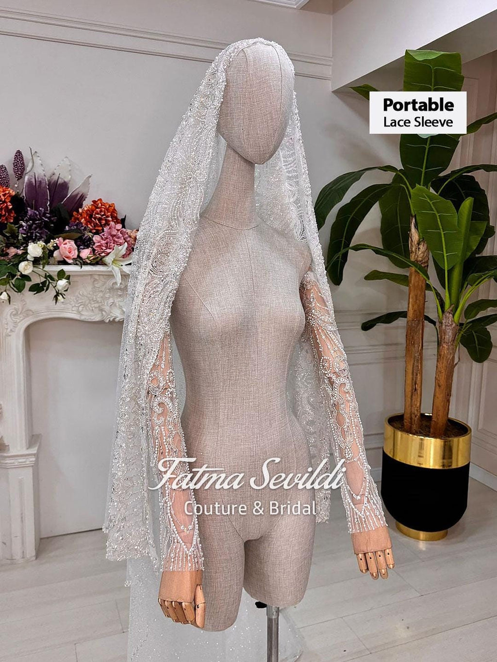 Delicate beaded white lace detachable wedding sleeves, sheer flowing design