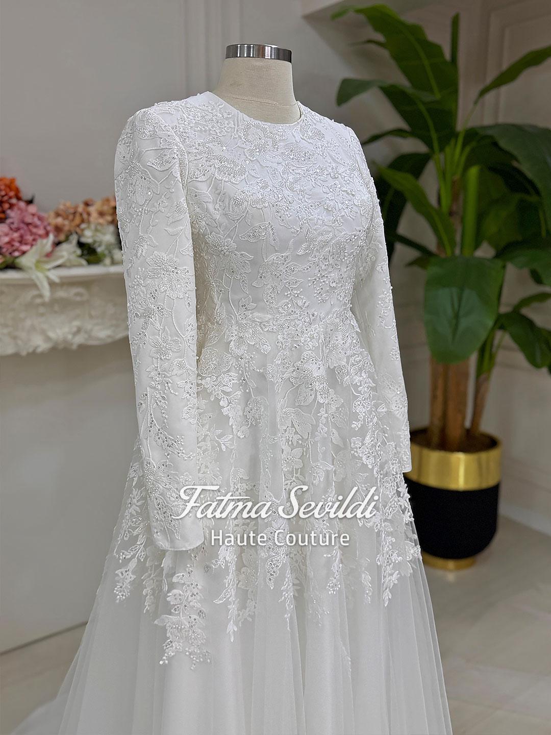 White lace veiled hijab wedding gown with beaded floral embroidery