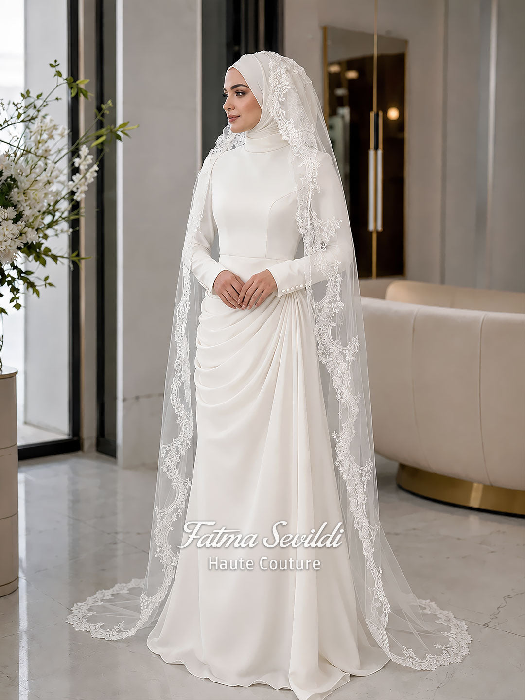 Luxury ivory hijab wedding dress with a high neckline, long sleeves, draped satin skirt and included premium lace veil displayed in a bridal atelier.