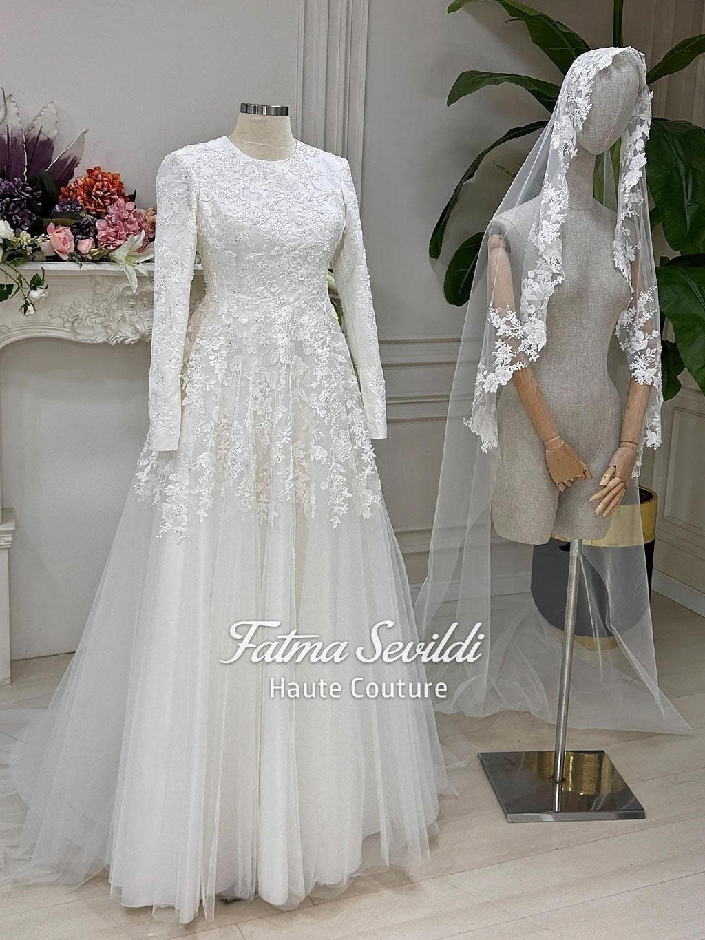 Veiled hijab beaded lace wedding gown, long sleeve high neck A-line