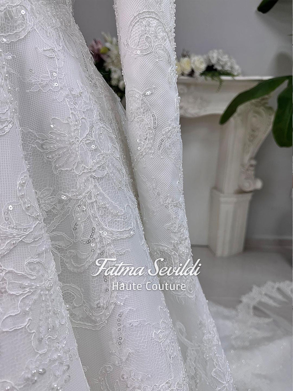Elegant veiled hijab wedding dress with beaded lace embroidery