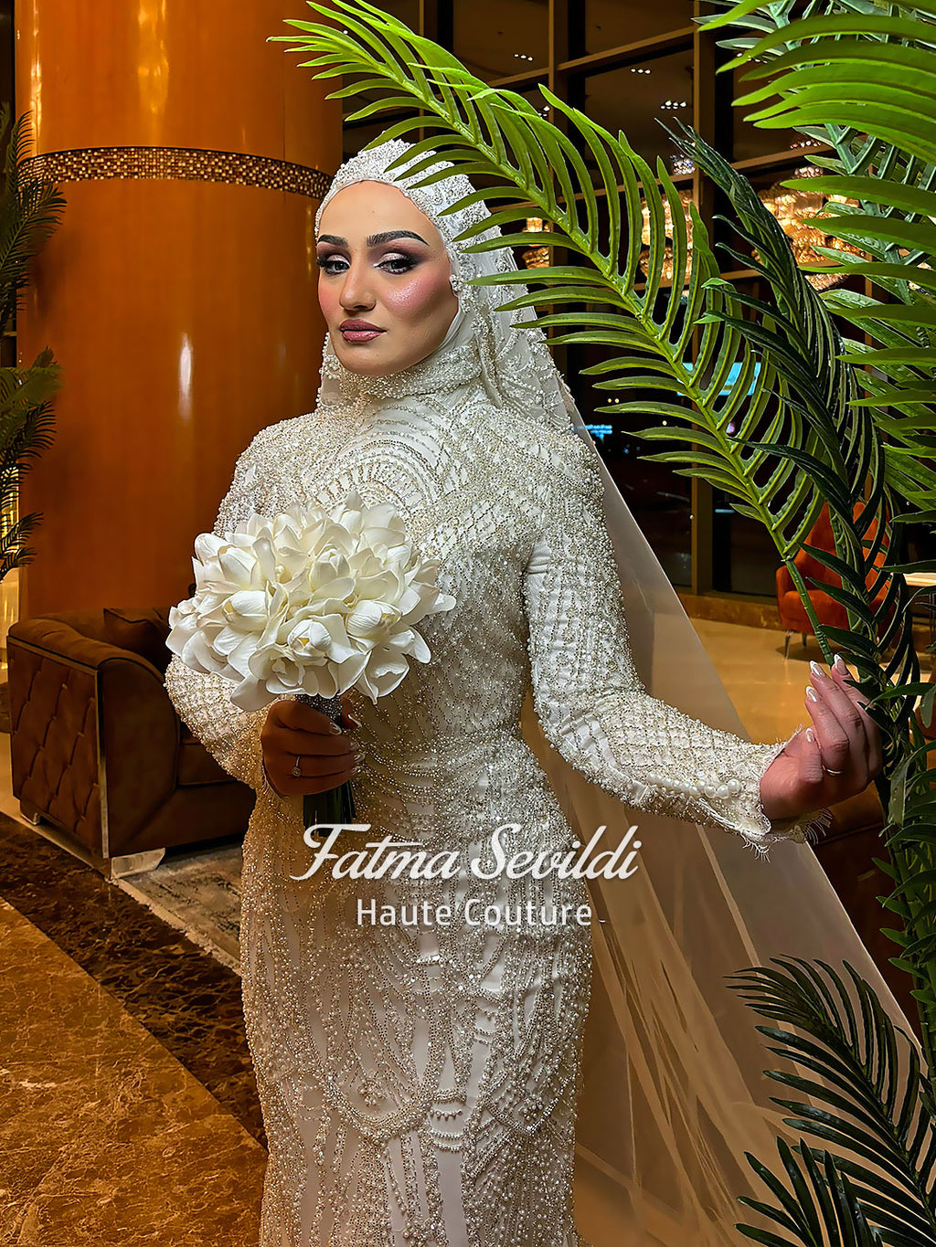 Luxury Hijab Wedding Dress, Sparkly Beaded Modest Bridal Gown, Long Sleeve 40 / White Luxury Hijab Wedding Dress, Sparkly Beaded Modest Bridal Gown, Long Sleeve 40 / White