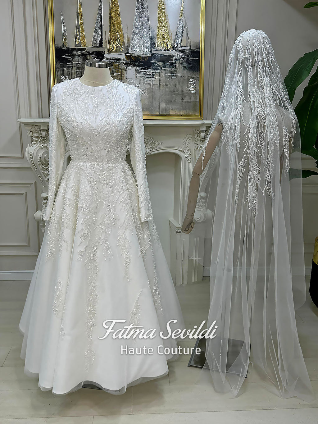 Luxury modest hijab wedding dress with long sleeves and A-line silhouette, fully beaded embroidery, shown with embellished lace cathedral veil.