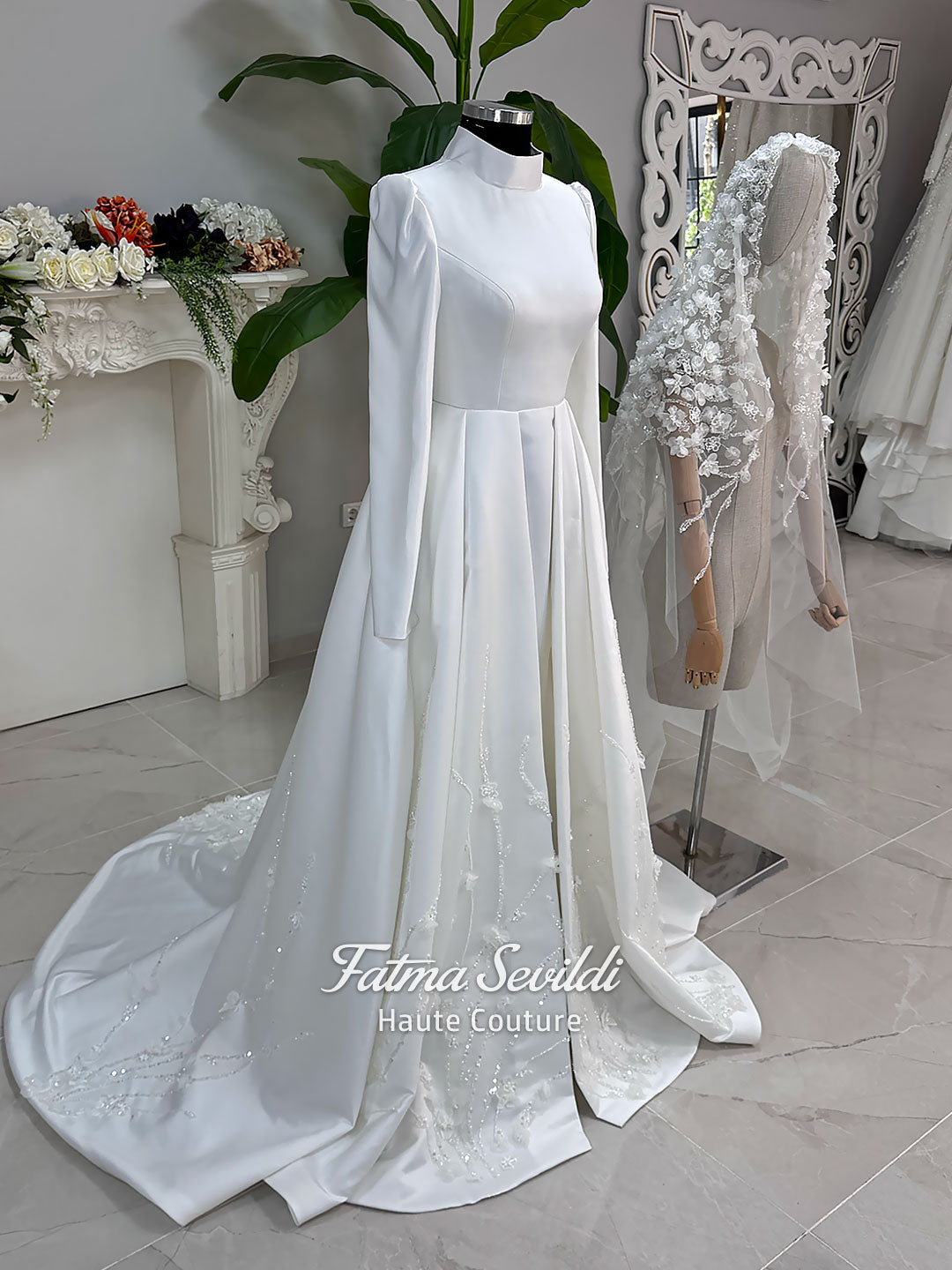 Luxury Satin Hijab Wedding Dress, Veiled Modest Bridal Gown, Long Slee –  Fatma Sevildi Couture