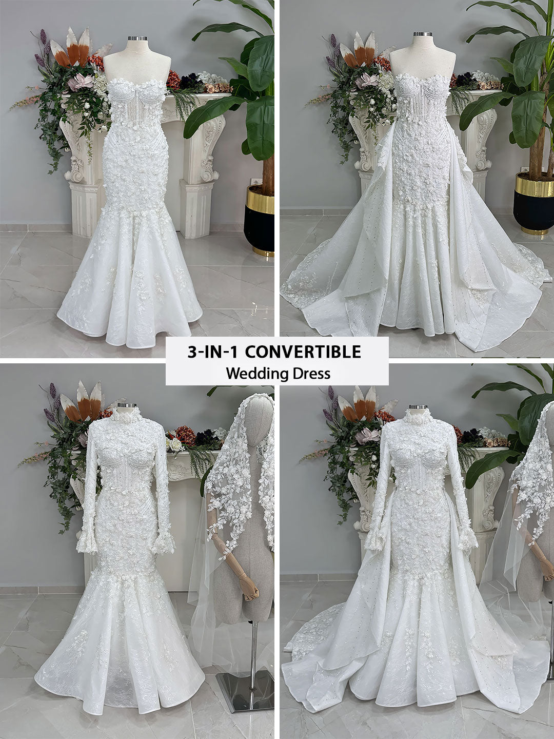 3-in-1 white hijab wedding dress with a beaded mermaid gown, detachable overskirt and long sleeve high-neck bridal topper. Convertible modest bridal set with dimensional floral lace and a coordinating lace veil.