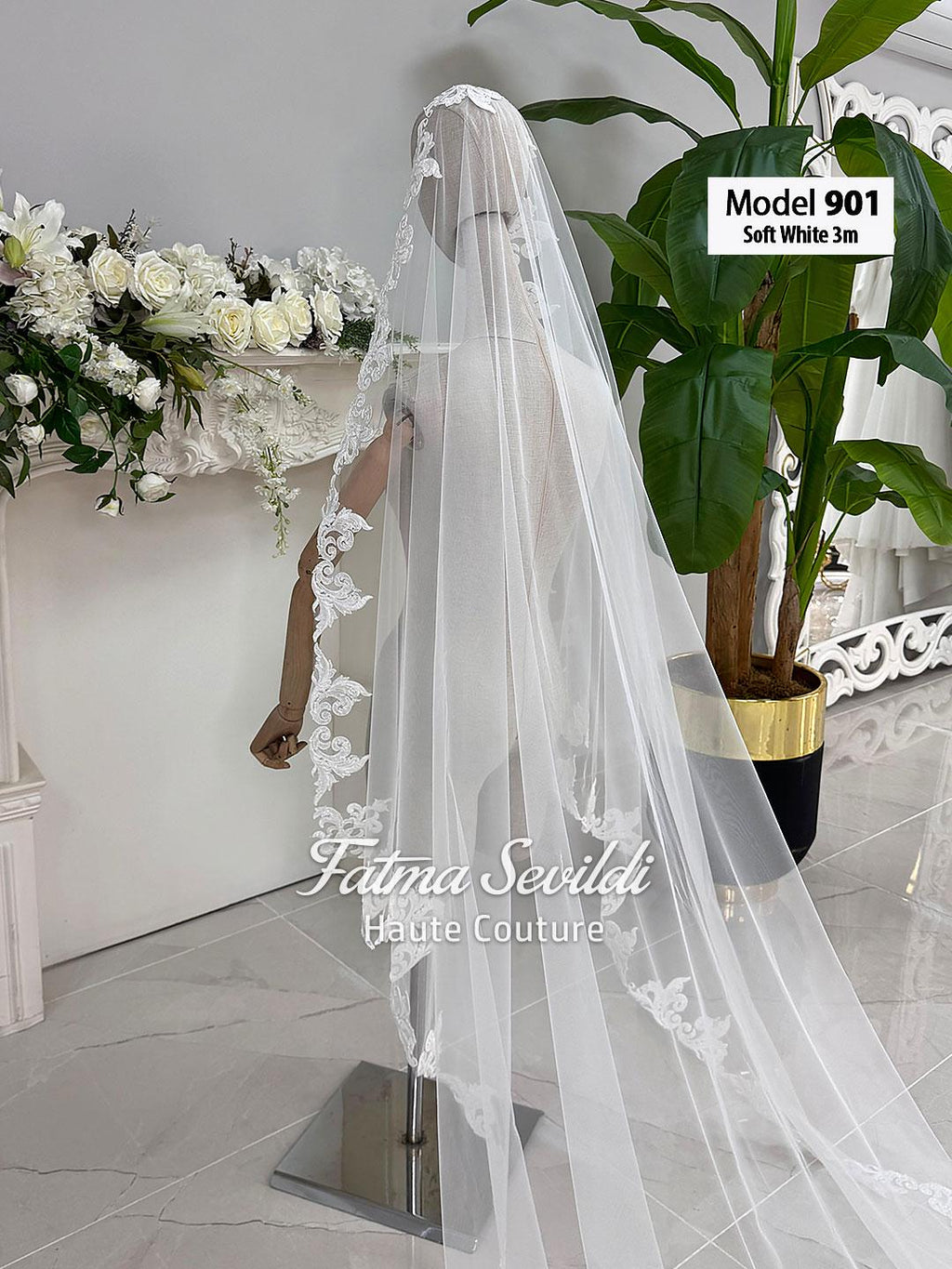 Soft white lace bridal veil model 901, hand-sewn beaded cathedral style
