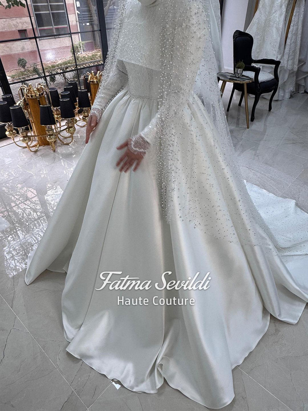 Elegant veiled hijab wedding dress with beaded lace satin bodice and long sleeves