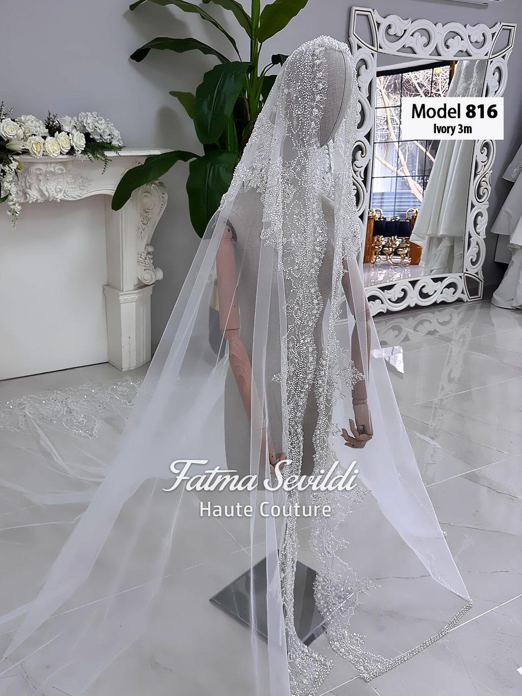 Ivory PART4 cathedral beaded lace bridal veil model 816 with edge detailing