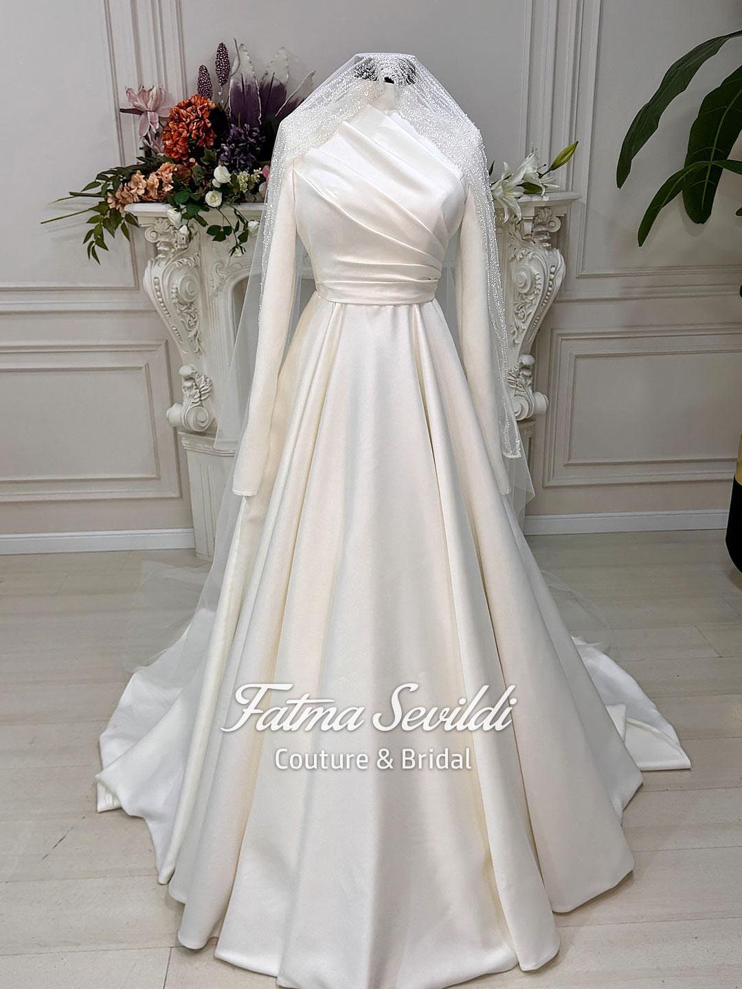 Elegant Veiled Satin Muslim Wedding Dress, High Neck Long Sleeve, Custom Made 42 / Ivory