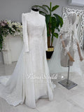 White lace veiled hijab wedding gown with beaded long sleeves
