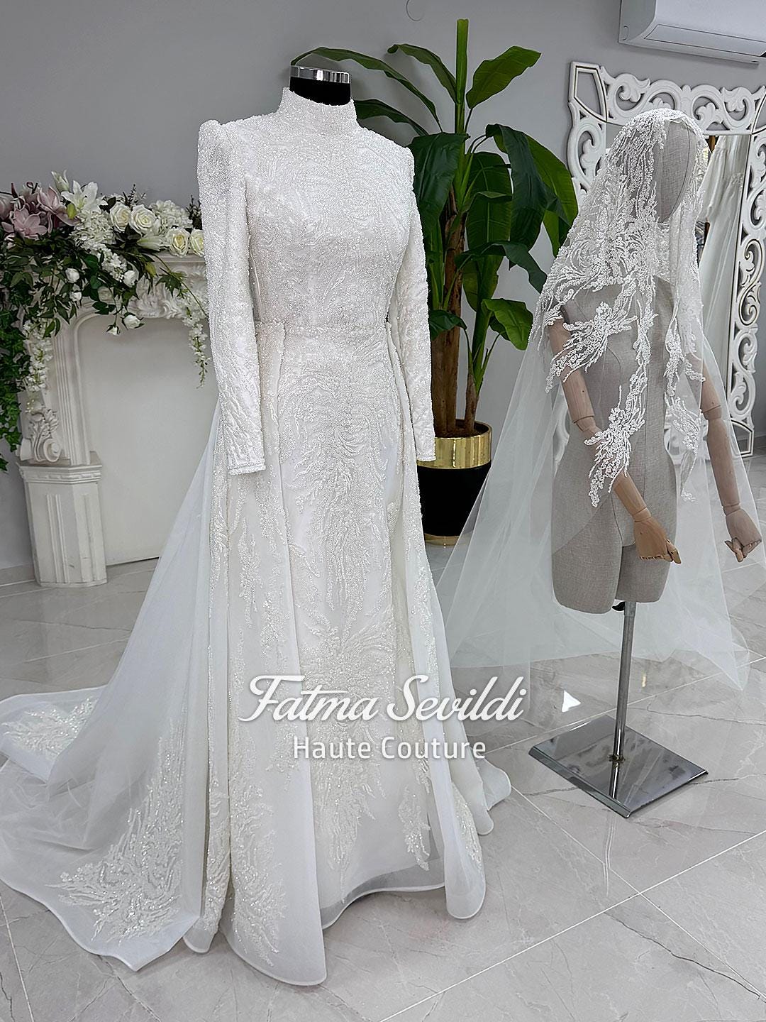 White lace veiled hijab wedding gown with beaded long sleeves