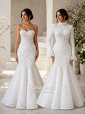 3-in-1 white hijab wedding dress with a beaded mermaid gown, detachable overskirt and long sleeve high-neck bridal topper. Convertible modest bridal set with dimensional floral lace and a coordinating lace veil.