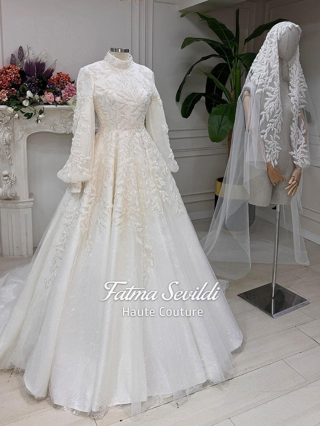 Elegant veiled hijab lace wedding gown with high neck, long sleeves, beading