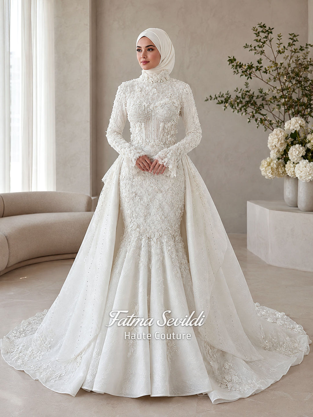 3-in-1 white hijab wedding dress with a beaded mermaid gown, detachable overskirt and long sleeve high-neck bridal topper. Convertible modest bridal set with dimensional floral lace and a coordinating lace veil.