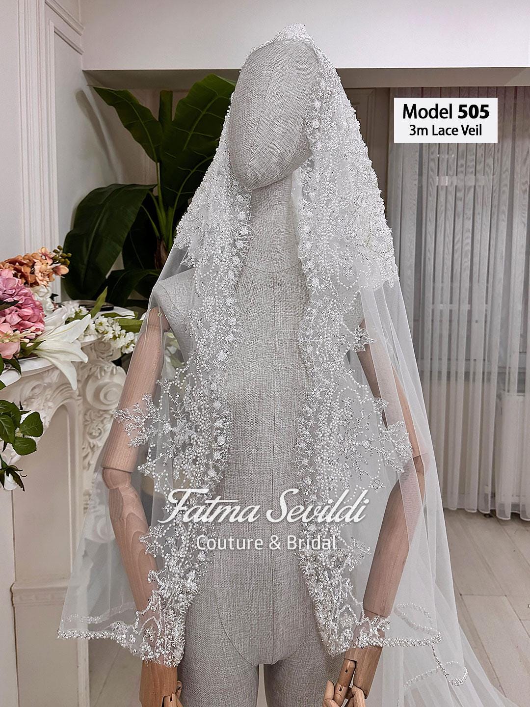 Delicate 3m beaded lace cathedral veil by Fatma Sevildi Couture, model 505