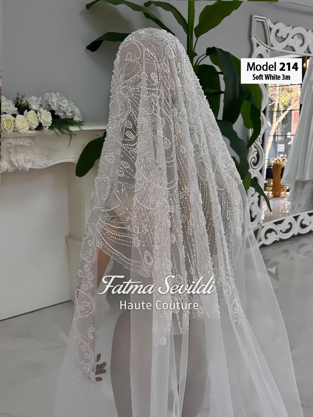 Soft white PART7 lace edge cathedral bridal veil with beading