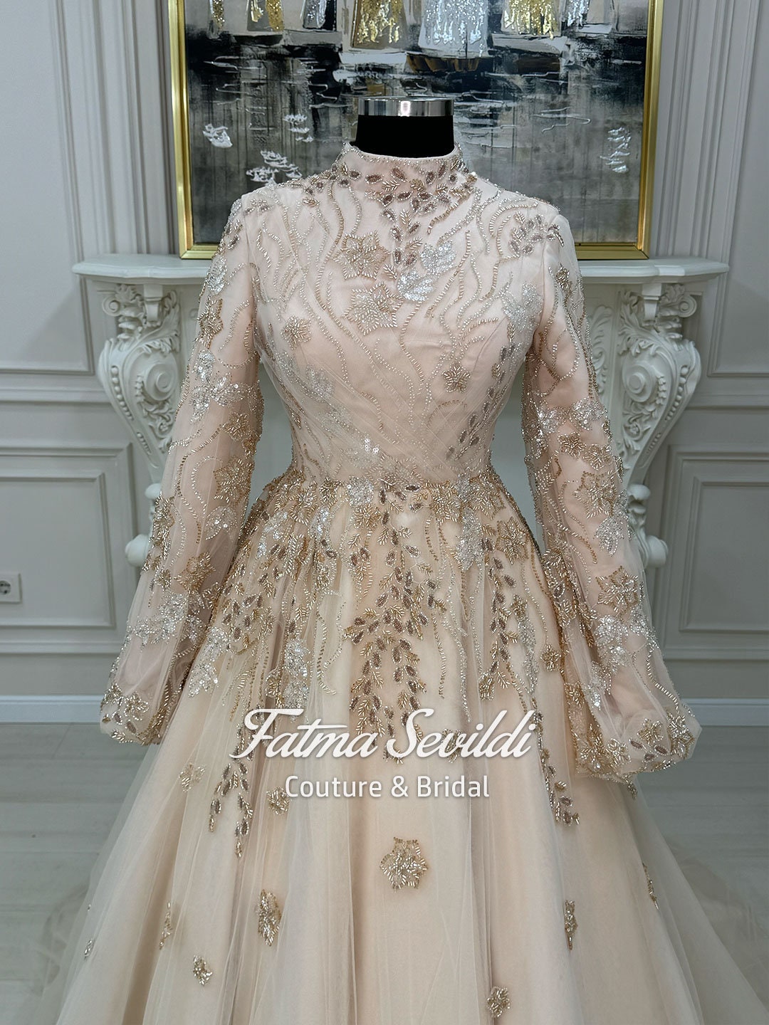 hijab evening dress Elegant Somon Beaded Lace Dress, High Neck Long Sleeve Ballgown 38 / Somon YGroup_gwen 170 cm Product back Leopard print dress - Pant Length:Petite Length - 44 Inches