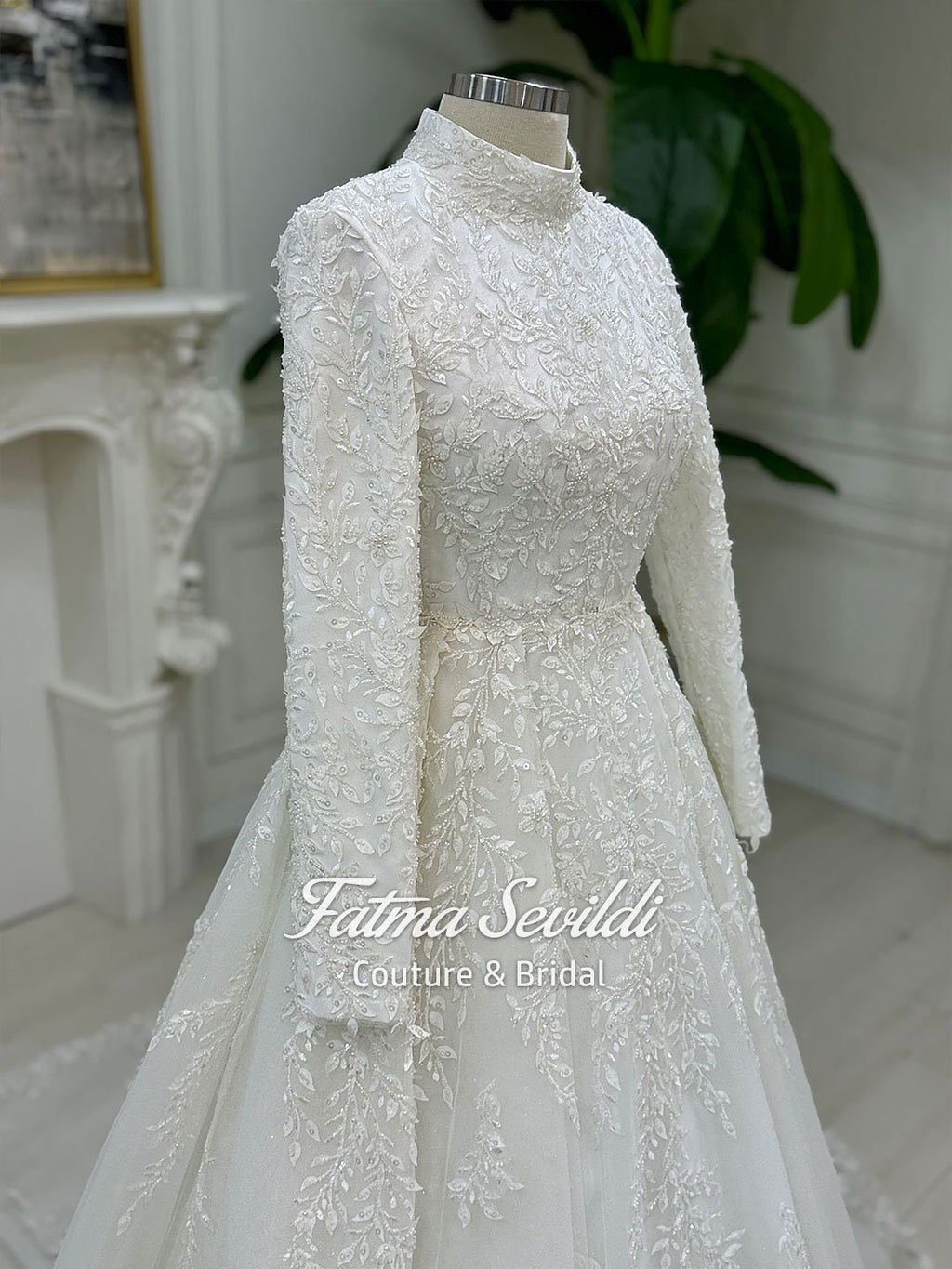 Elegant veiled hijab wedding dress with beaded lace high neck and long sleeves
