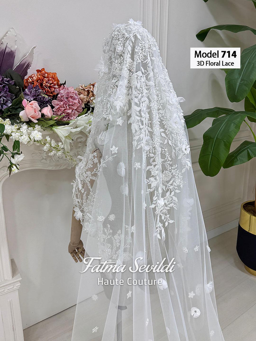 Delicate white 3D floral lace veil by Fatma Sevildi for Veiled hijab wedding dress