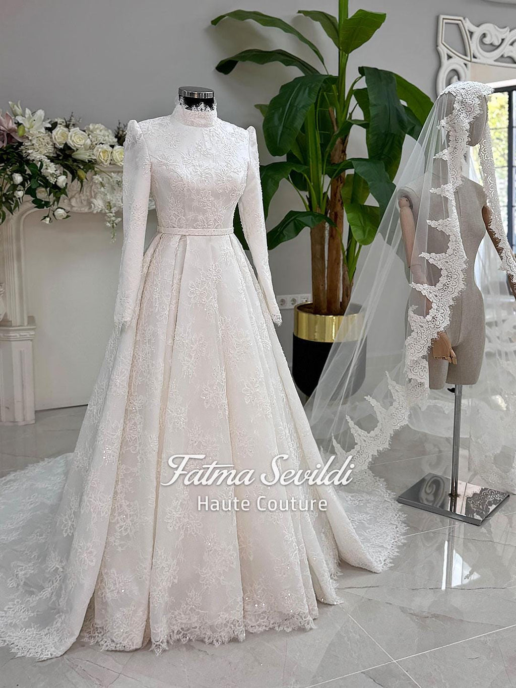 Elegant veiled full lace hijab wedding dress with high neck, long sleeves
