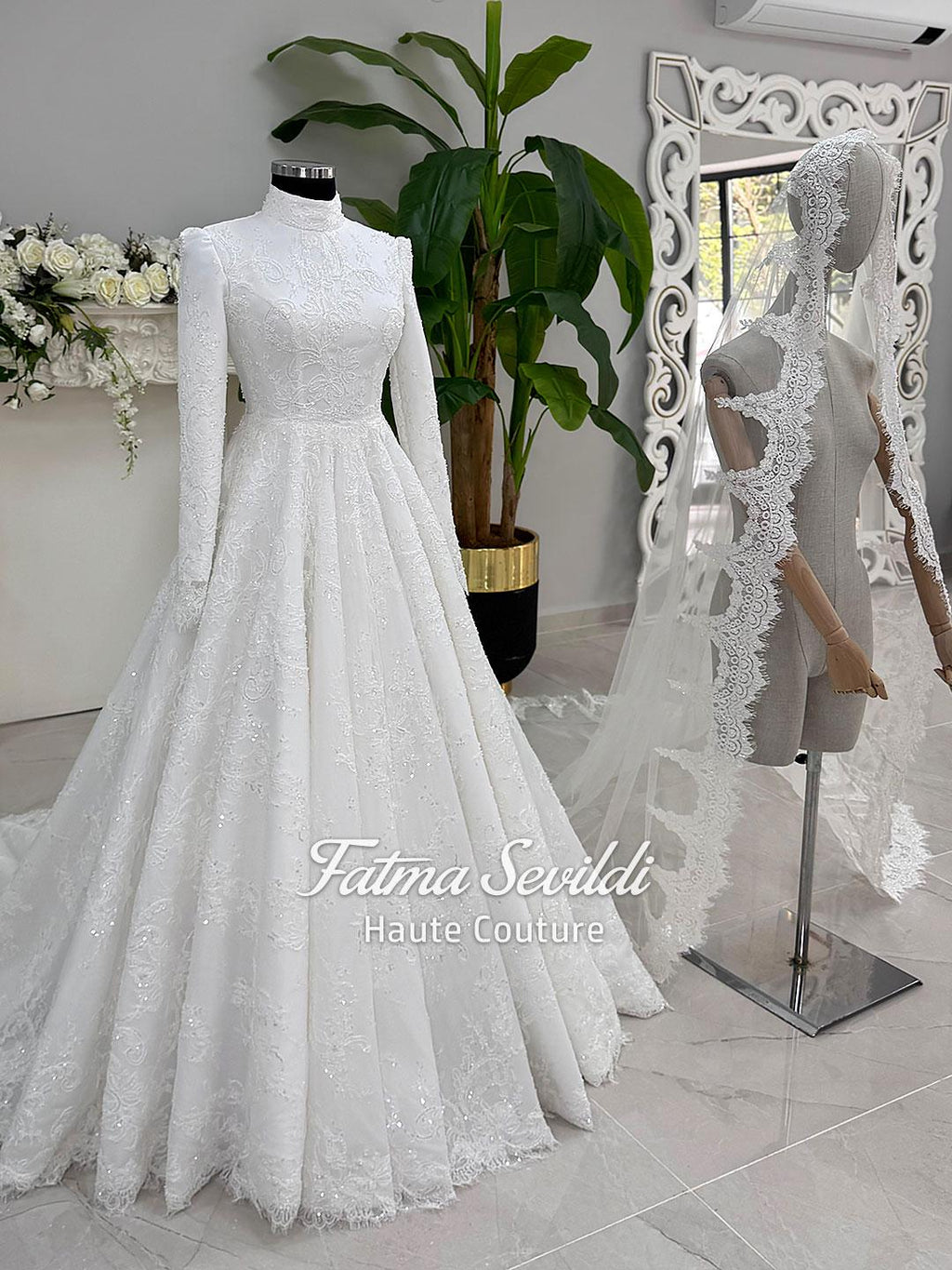 Elegant veiled hijab wedding dress in white beaded lace, long sleeve high neck A-line
