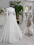 Elegant veiled hijab wedding dress in white beaded lace, long sleeve high neck A-line