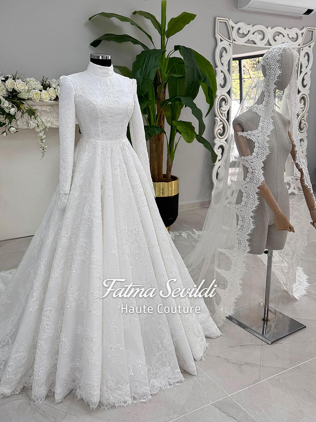 Elegant veiled hijab wedding dress in white beaded lace, long sleeve high neck A-line