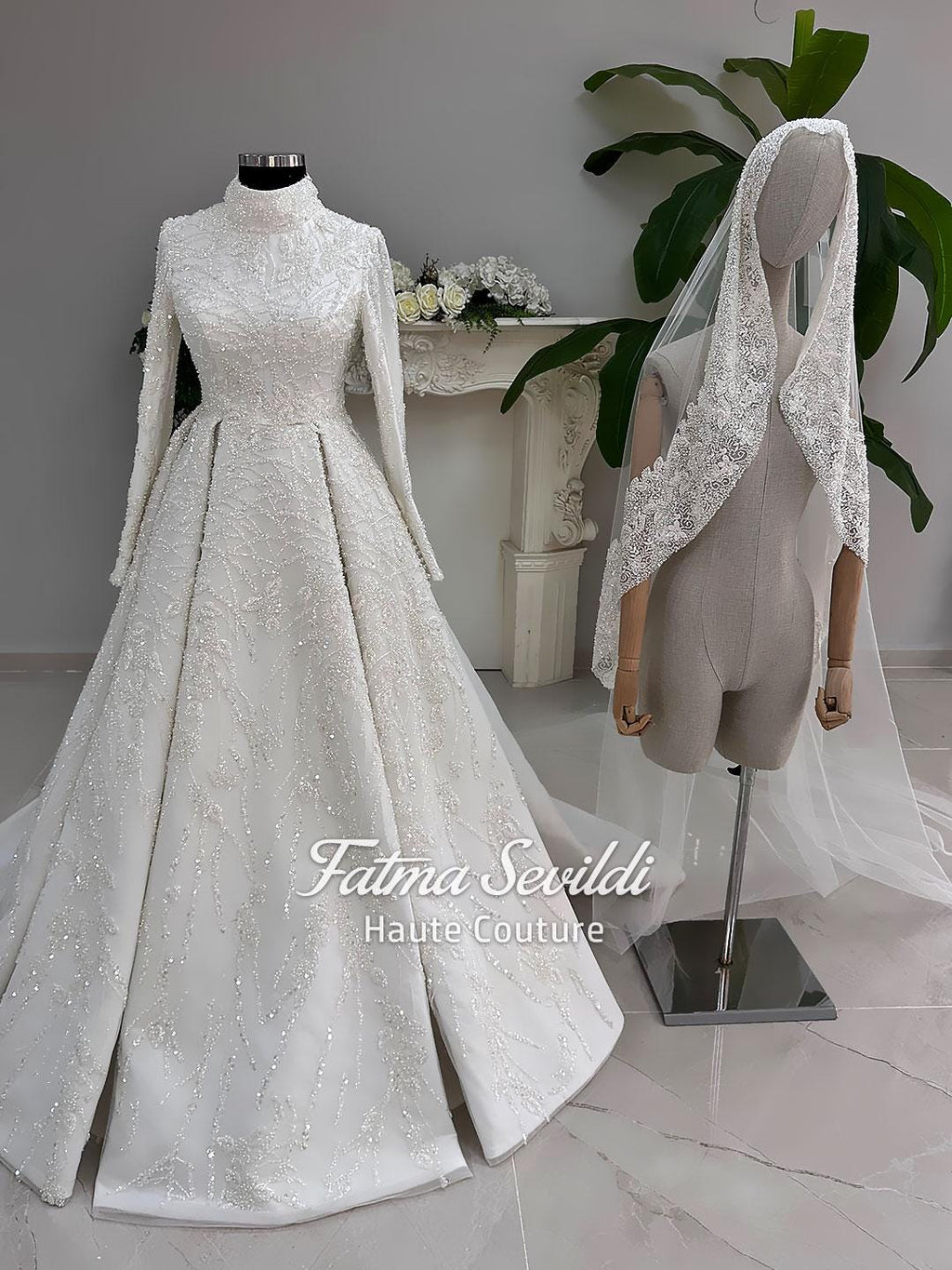 Luxury modest high-neck beaded lace wedding dress with veil