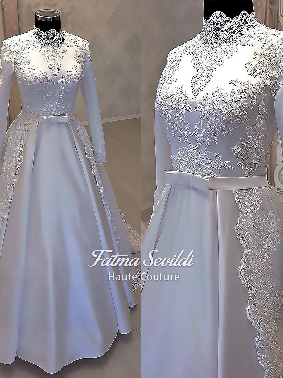 Elegant beaded lace high neck hijab satin wedding gown with belt