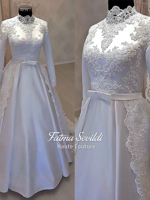 Elegant beaded lace high neck hijab satin wedding gown with belt