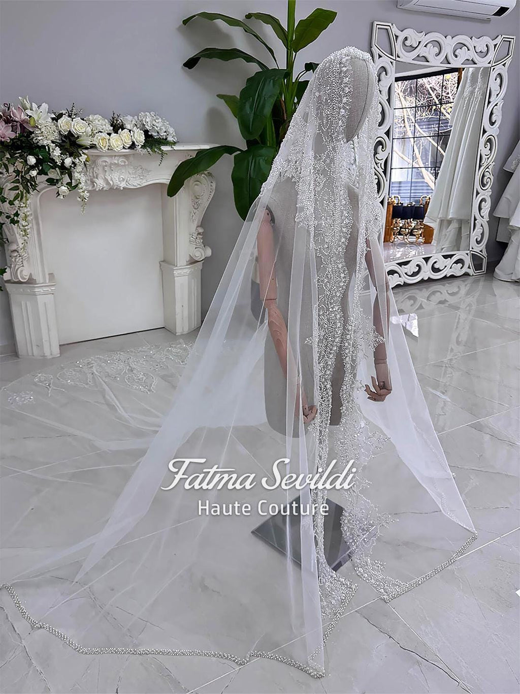 Luxury modest hijab wedding veil with beaded lace edges