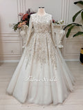 Modest long-sleeve Muslim wedding dress with 3D beaded lace
