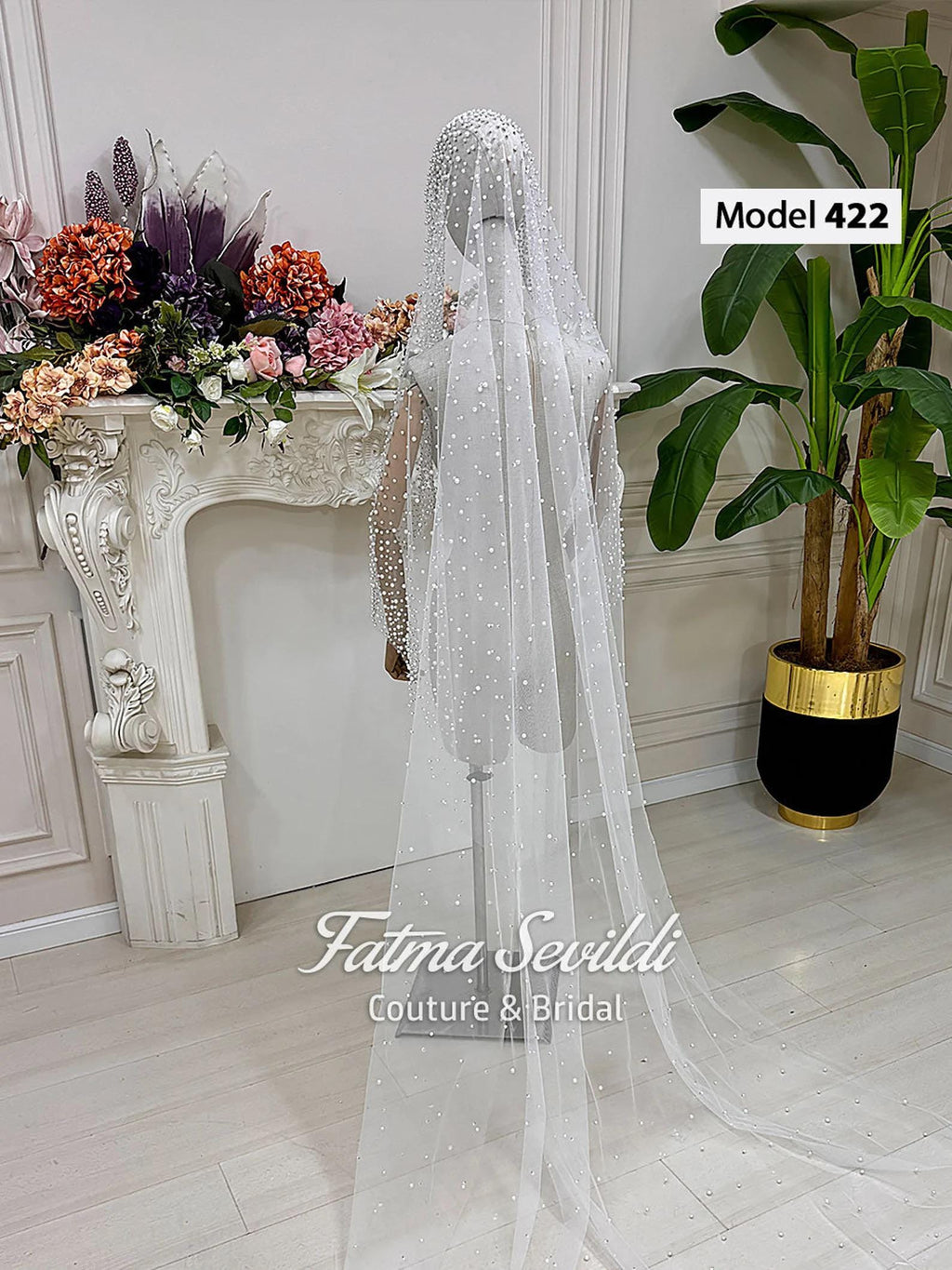 Pearl lace cathedral bridal veil in sheer white tulle with beading and pearls